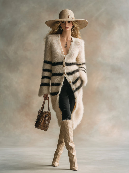 Elegant And Fashionable Off-white Striped Long-hair Knitted Dress Cardigan