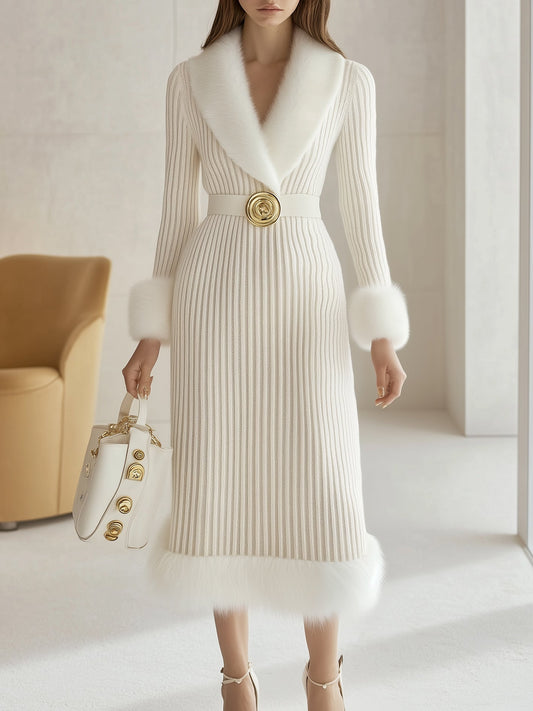 Elegant Fur Collar White Knitted Party Dress With Belt