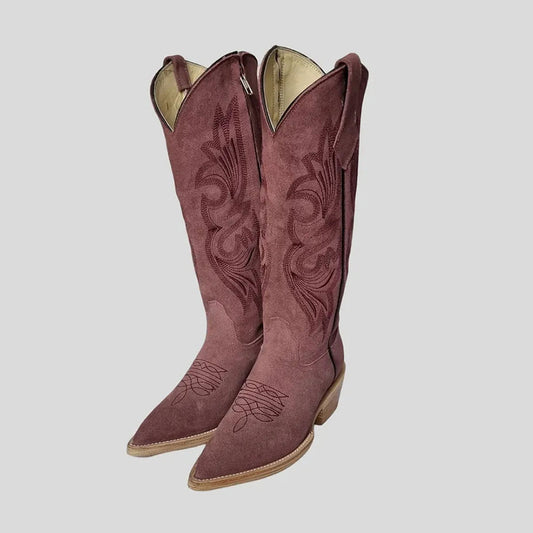 Dusty Purple Faux Suede Embroidered Mid-Calf Snip Toe Cowgirl Boots