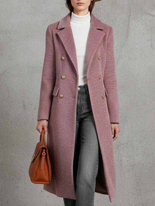 Elegant And Warm Double-breasted Pink Lapel Chenille Coat
