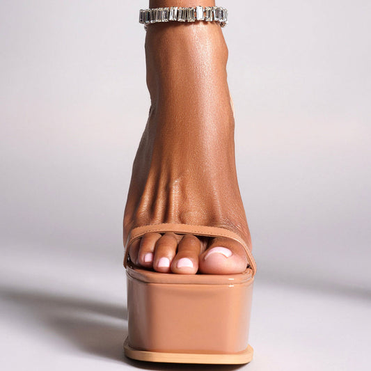 Beige Vegan Leather Open Toe Chunky Heel Ankle Strap Platform Sandals