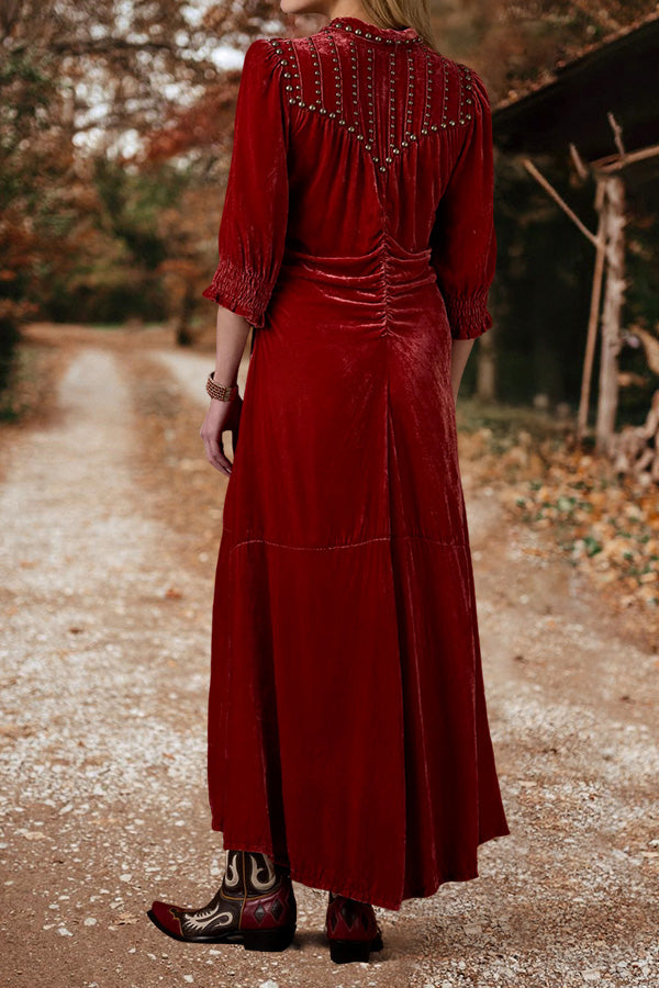 Vintage Charming Studded Velvet Buttoned Maxi Dress