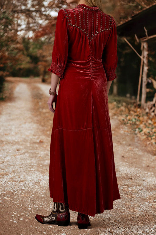 Vintage Charming Studded Velvet Buttoned Maxi Dress