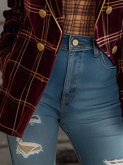 Elegant Retro Burgundy Plaid Print Velvet Blazer
