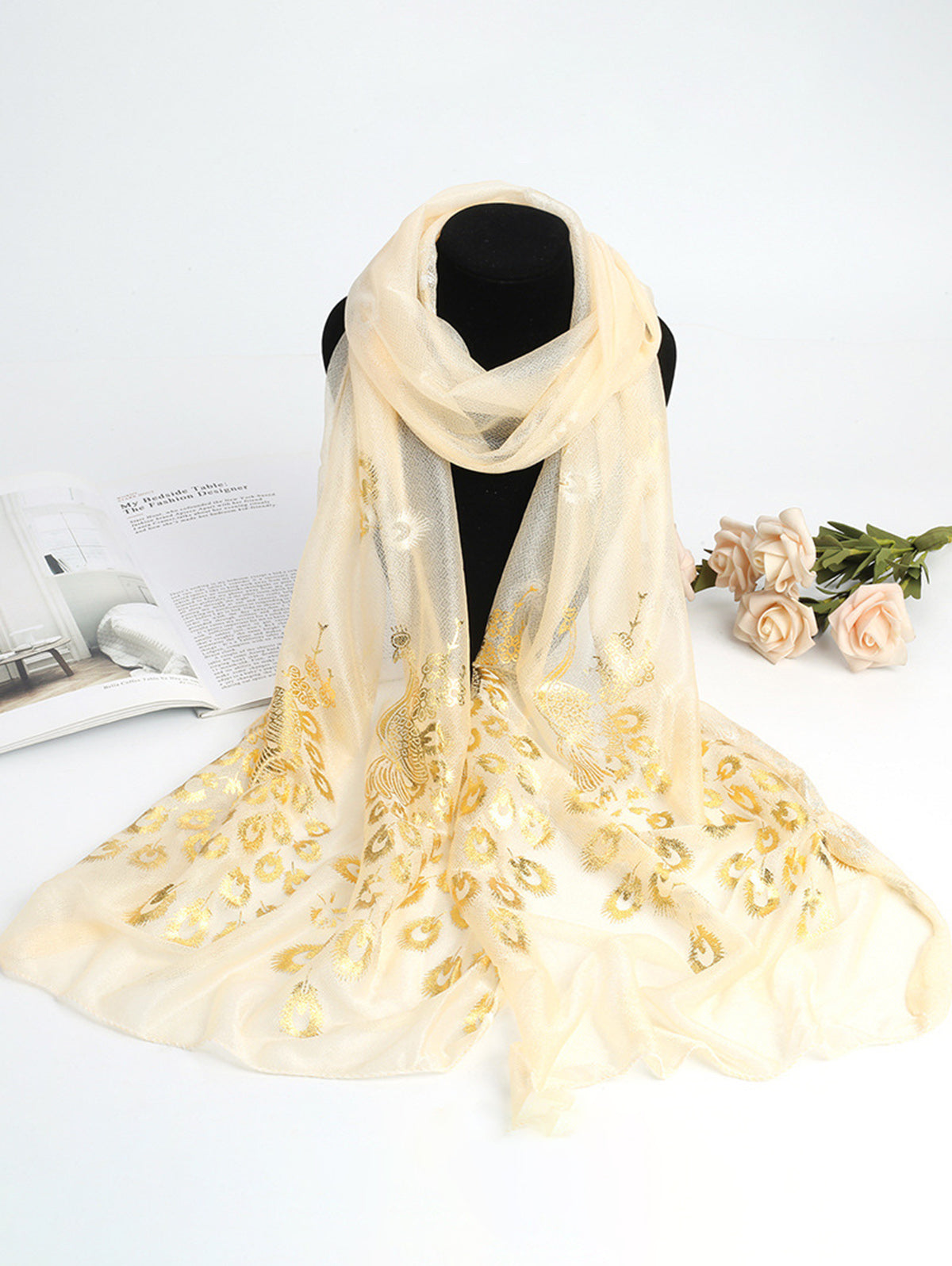 Elegant Plain Peacock Gold Stamping Lightweight Shawl