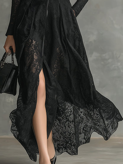 Elegant Luxury Lapel Front Zipper Black Lace Long Sleeve Maxi Dress