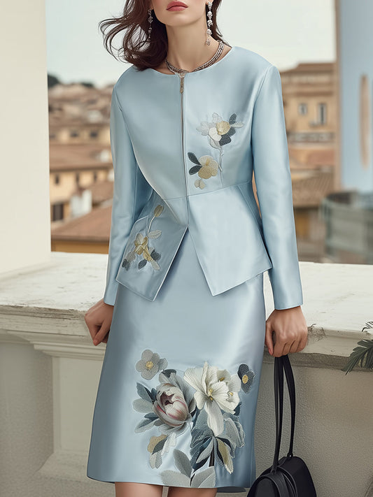 Elegant Light Blue Embroidered Skirt Suit With Zip-Up Jacket