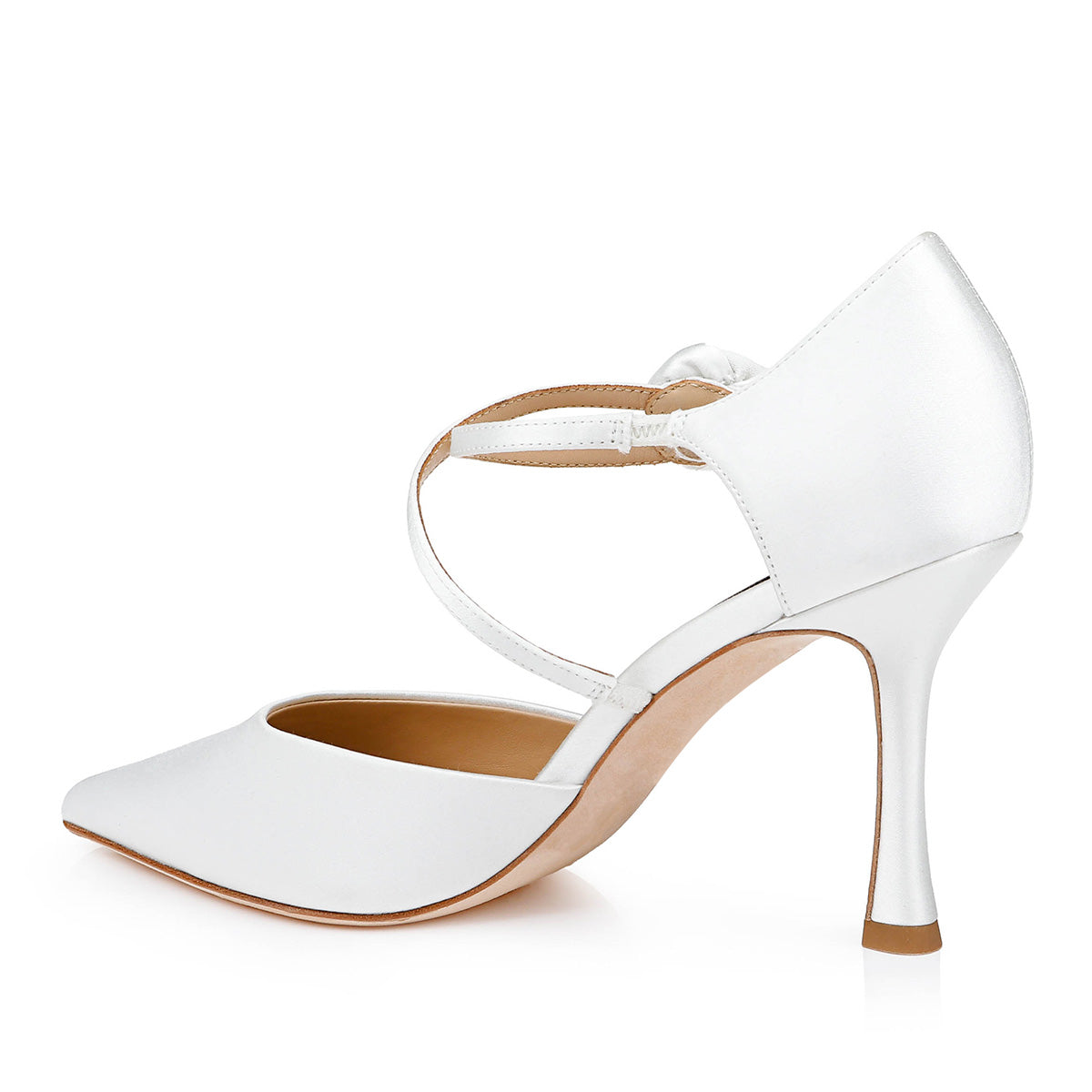 Flower Ankle Strap Pointed Toe Stiletto Heel Pumps for Women in White
