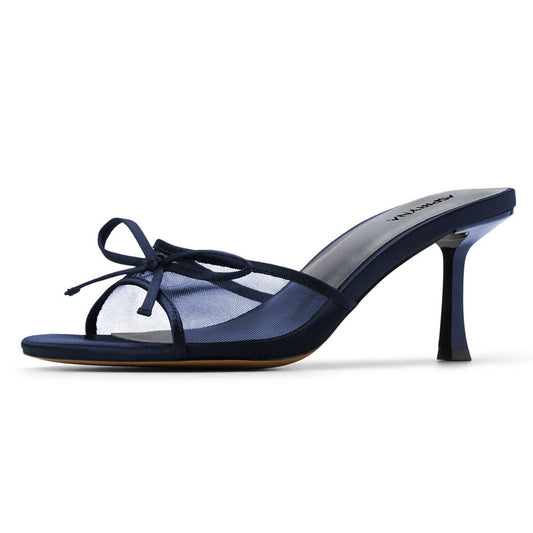 Fashion Navy Mesh Flared Heel Open Toe Bow Women's Mules Shoes