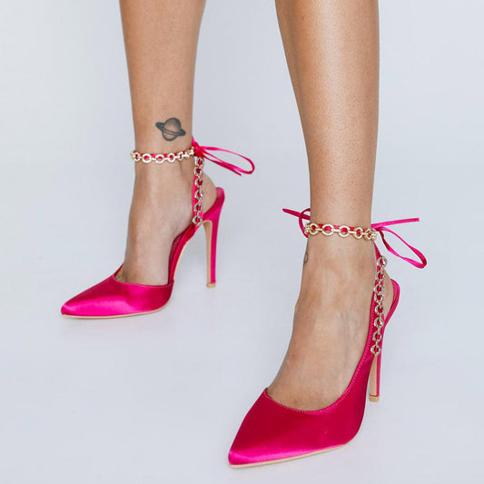 Fuchsia Satin Pointed Toe Ankle Strap Pumps Heels with Chains