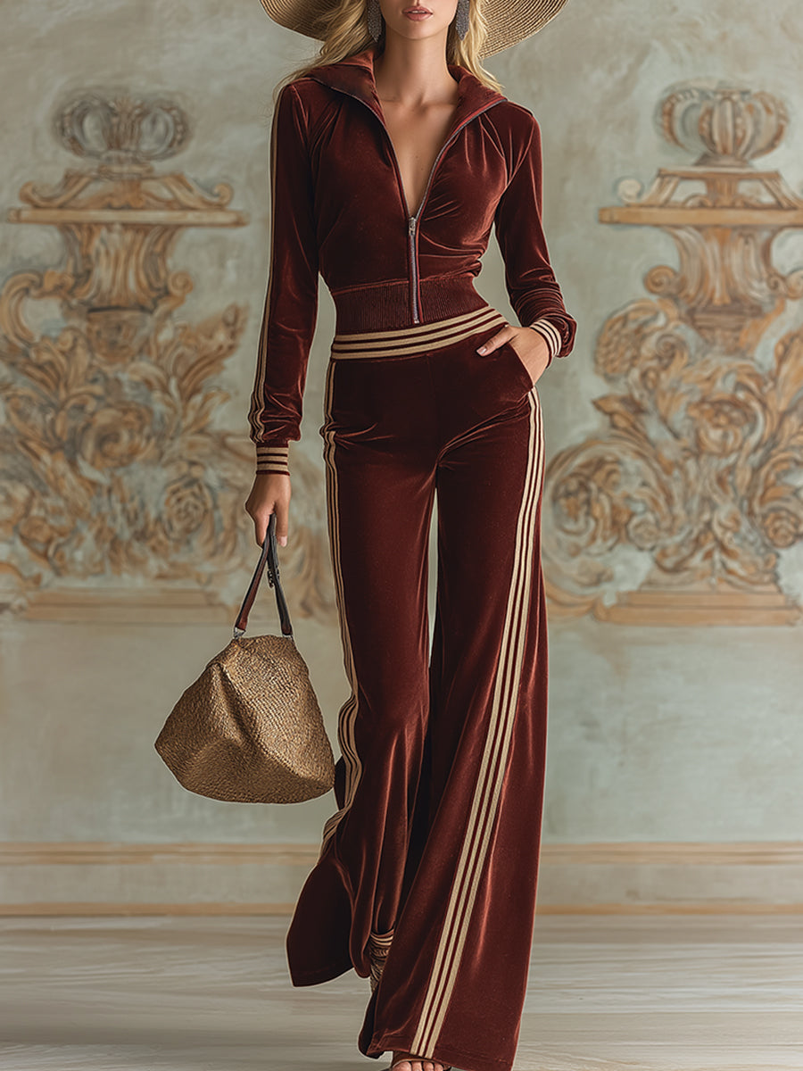 Elegant And Casual Brown Velvet Hooded Top And Striped Trim Wide-leg Pants Set