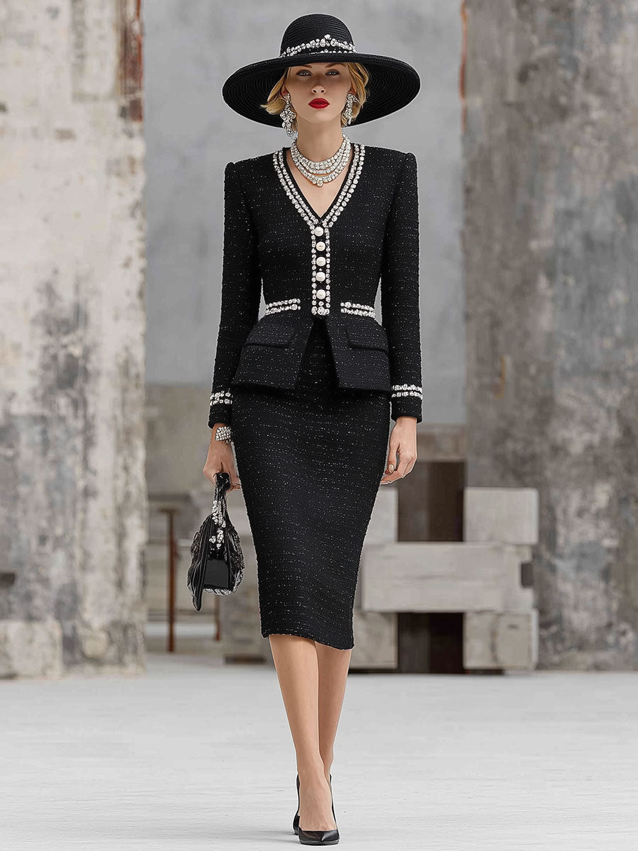 Elegant Black Tweed Top And Skirt Set