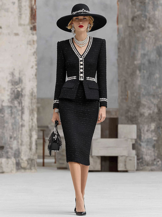 Elegant Black Tweed Top And Skirt Set