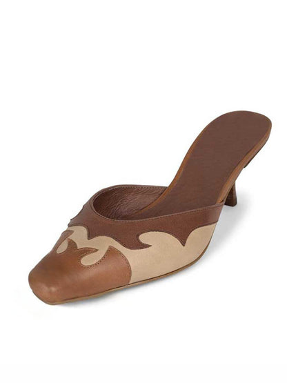 Fashion Brown Square Toe Patchwork Kitten Heel Mules for Women