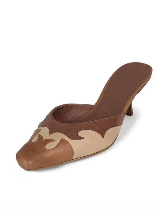 Fashion Brown Square Toe Patchwork Kitten Heel Mules for Women