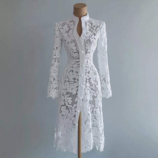 Ursime Lace Stand Collar Button Long Sleeve Coat Midi Dress