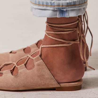 Beige Faux Suede Square Toe Flat Lace Up Strappy Sandals