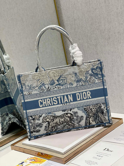DI Medium Book Tote Blue Toile de Jouy Reverse Embroidery, Blue, For Women Women’s Handbags, Shoulder Bags, 36cm CD M1296ZRGO_M928