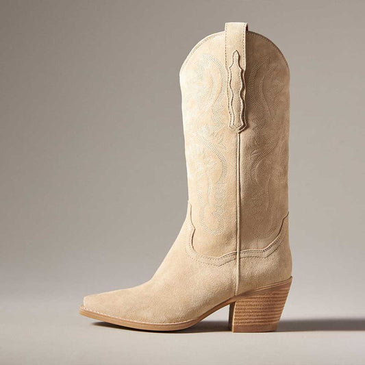 Beige Snip Toe 3'' Chunky Heel Embroidered Mid-Calf Cowgirl Boots