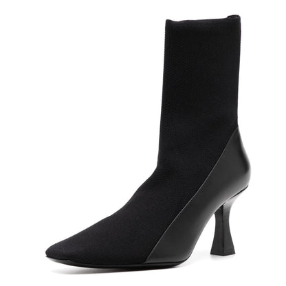 Elegant Square Toe Flared High Heel Pull On Black Booties for Women