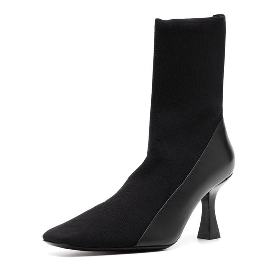 Elegant Square Toe Flared High Heel Pull On Black Booties for Women