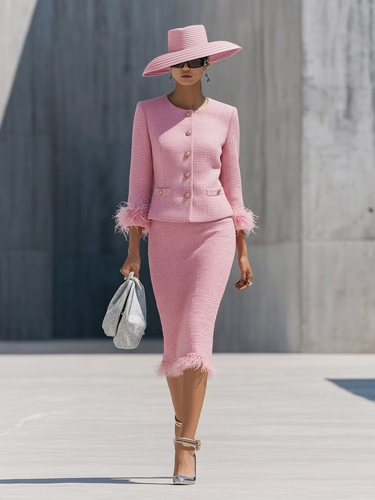Elegant Round-neck Single-breasted Tweed Jacket And Skirt Set