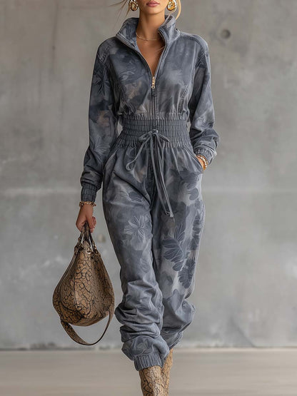 Exquisite Casual Sportswear High-neck Light Blue And Gray Floral Print Loose Jumpsuit