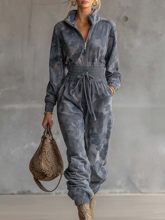 Exquisite Casual Sportswear High-neck Light Blue And Gray Floral Print Loose Jumpsuit