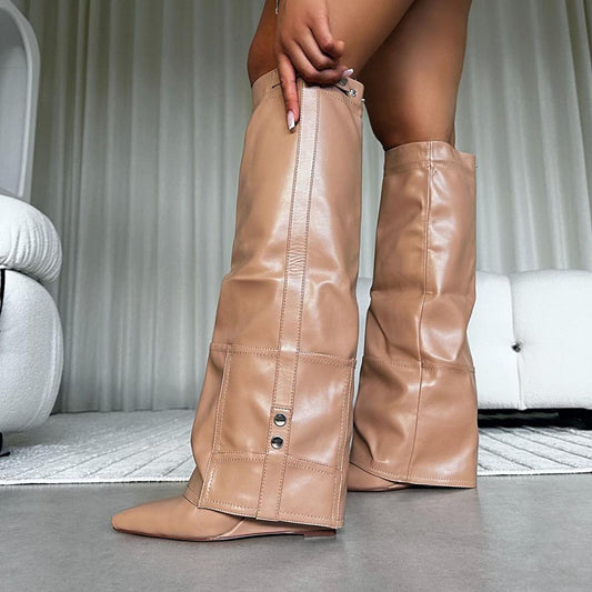Beige Vegan Leather Pointed Toe 4'' Cork Wedge Heel Fold Over Boots