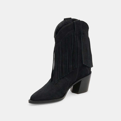 Faux Suede Pointed Toe Embroidered Black Fringe Western Boots