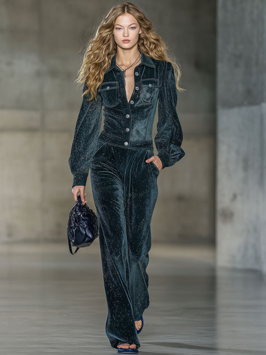 Fashion Retro Shiny Dark Green Velvet Lantern Long-Sleeved Jumpsuit