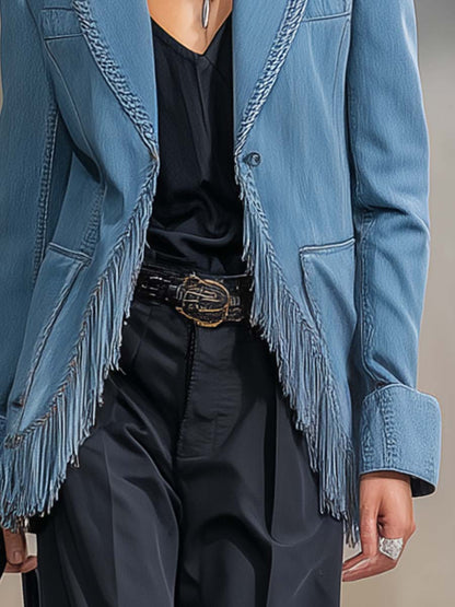 Exquisite Casual Western Style Peak Lapel Tassel Decoration Blue Denim X-shaped Blazer