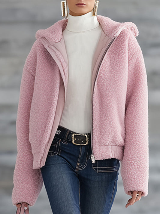 Fashion Retro Pink Polar Fleece Hooded Zip-Up Jacket