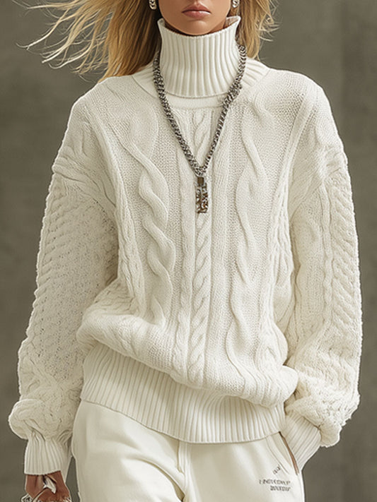 Fashion Retro White Knitted Cable Turtleneck Pullover Sweater