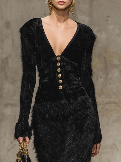 Elegant And Exquisite Retro V-neck Front Metal Buckle Black Velvet Splicing Faux Fur Hem Slit Maxi Dress