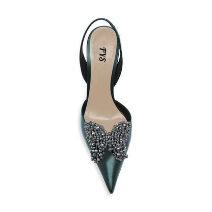 Dark Green Pointed Toe Rhinestone Butterfly Slingback Pumps Heels