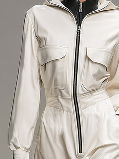 Fashionable And Casual White Lapel Zipper Pocket Faux Leather Long-sleeved Jumpsuit
