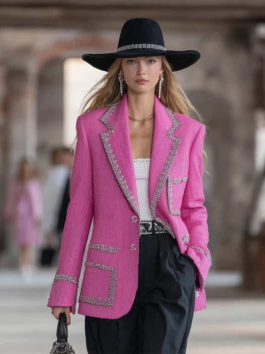 Fashionable And Eye-catching Bright Pink Hemmed Chenille Loose-fitting Blazer