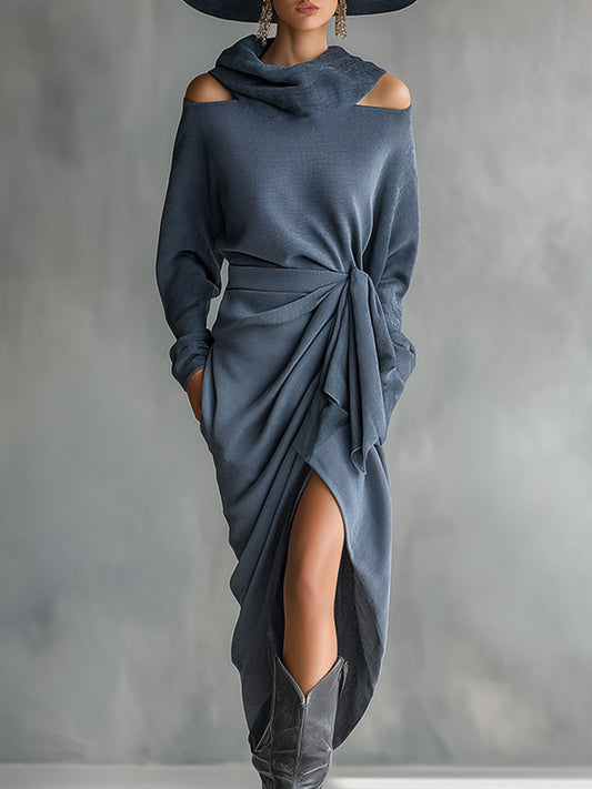 Elegant And Casual Cowl Collar Blue-gray Off-the-shoulder Long-sleeved Maxi Dress