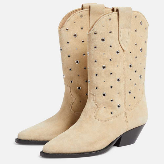 Beige Faux Suede Pointed Toe Chunky Heel Wide-Calf Cowgirl Boots