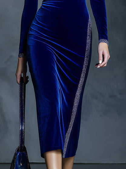 Elegant And Fashionable Boat Neck Rhinestone Trim Royal Blue Velvet Midi Dress