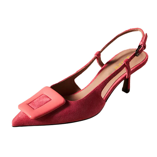 Deep Pink Buckle Pointed Toe Slingback Shoes with Stiletto Heel