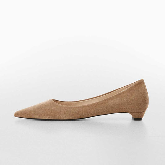 Beige Faux Suede Snip Toe Block Heel Slip-On Formal Pumps