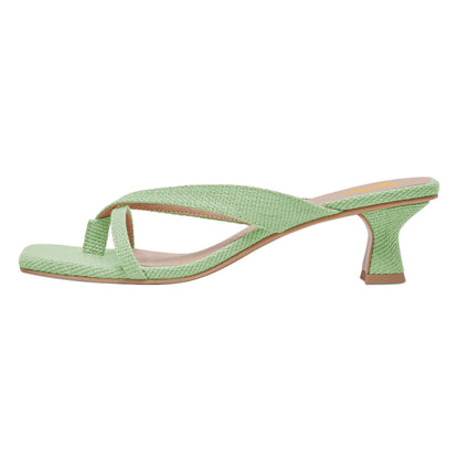 Fabric Square Toe Flared Mid Heel Green Flip Flops for Women