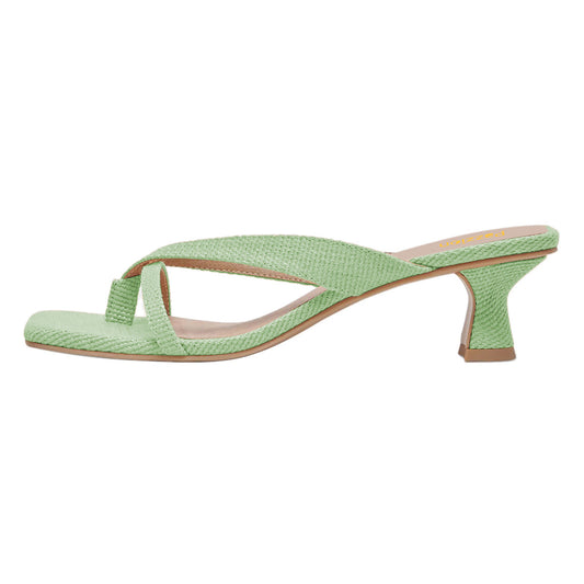 Fabric Square Toe Flared Mid Heel Green Flip Flops for Women