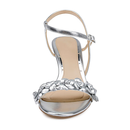 Ankle Strap Open Toe Flower Decor Women's Heel Sandals in Silver