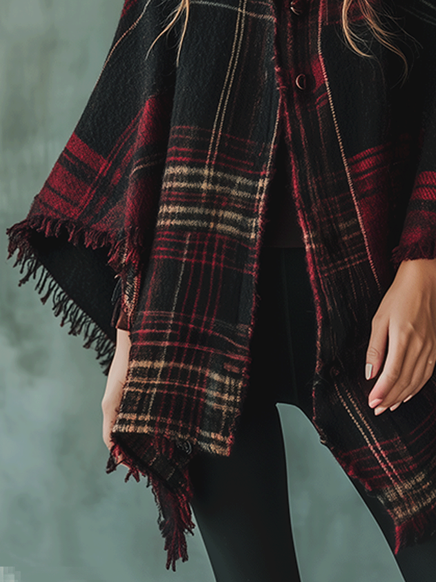 Fashionable Plaid Tassel Cape