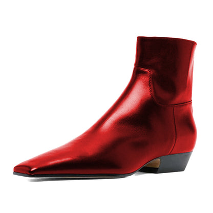 Fashion Red Metallic Square Toe Chunky Heel Booties for Women