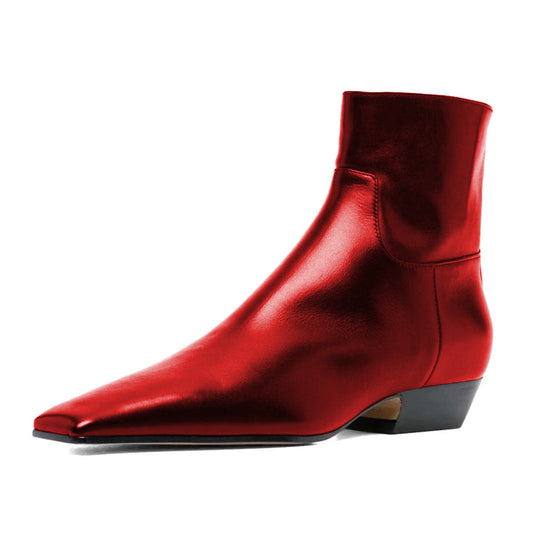 Fashion Red Metallic Square Toe Chunky Heel Booties for Women