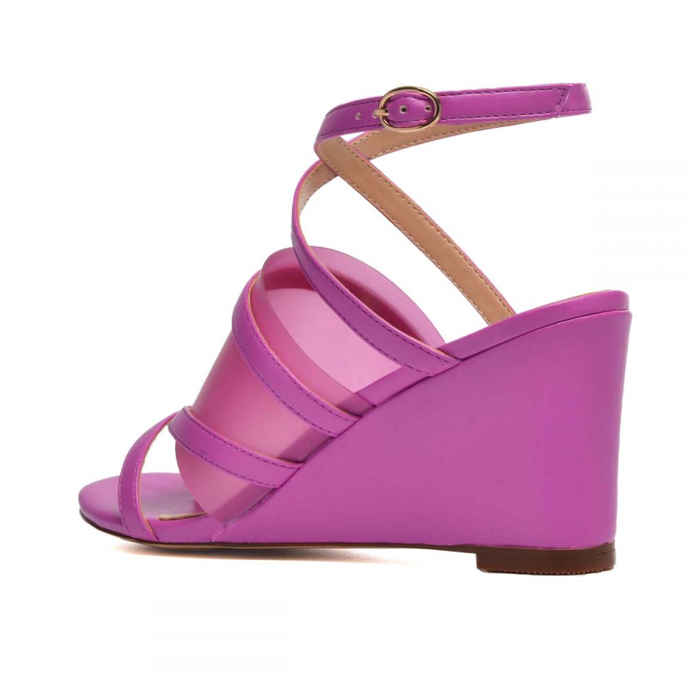 Fuchsia Open-Toe Crossover Strap Buckle Wedge Sandals for Women